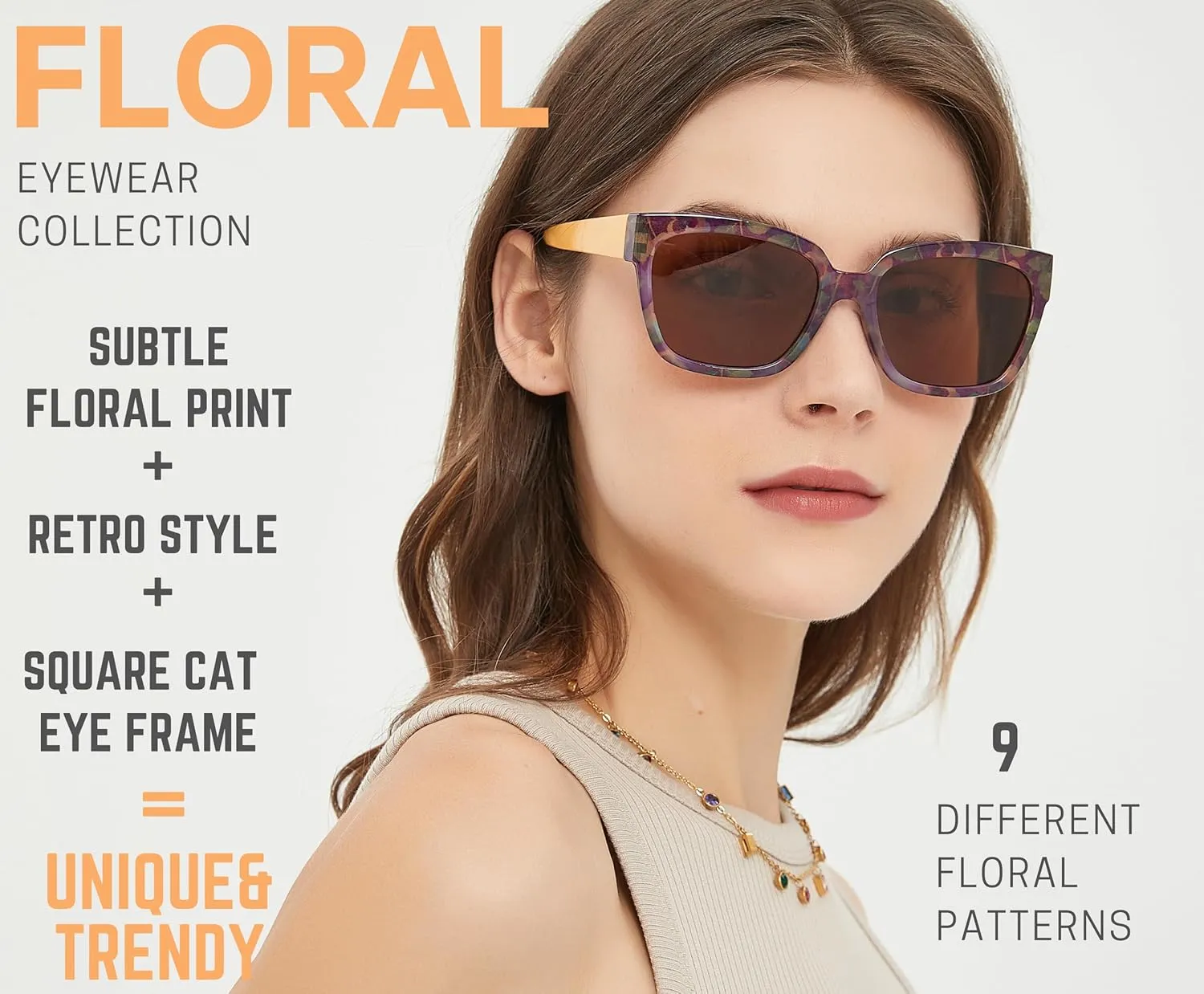 Sunglasses Women's Trendy Retro Floral Design | Polarized Lens UV Protection | Square Cat Eye Frame | Casual & Active Wear
