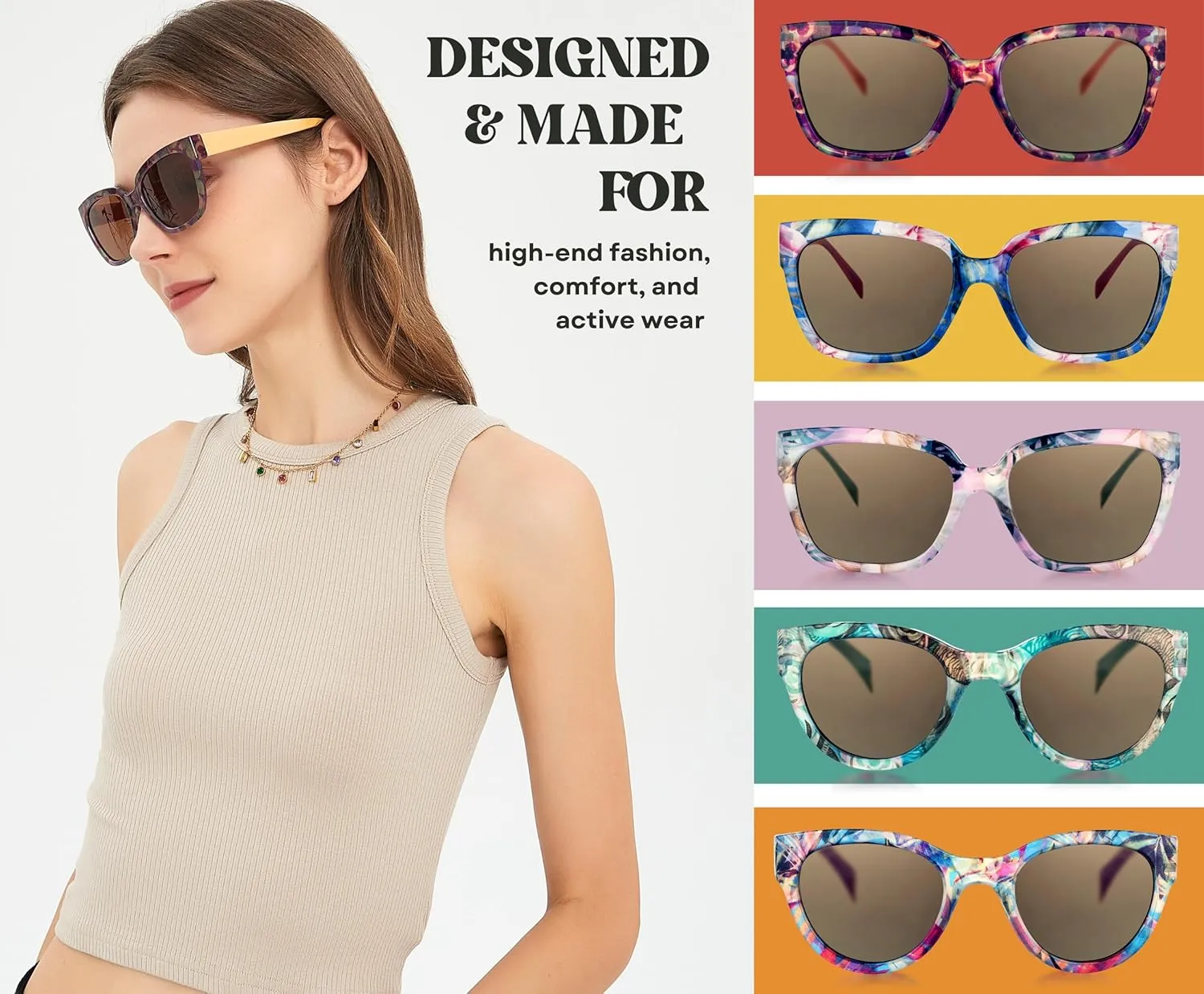 Sunglasses Women's Trendy Retro Floral Design | Polarized Lens UV Protection | Square Cat Eye Frame | Casual & Active Wear