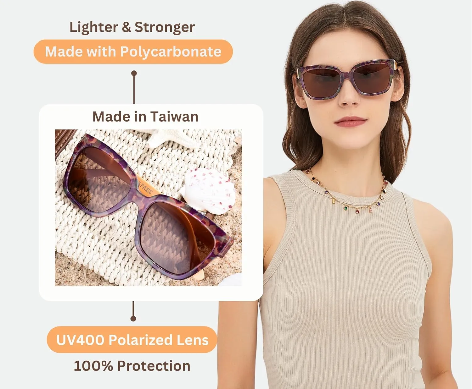 Sunglasses Women's Trendy Retro Floral Design | Polarized Lens UV Protection | Square Cat Eye Frame | Casual & Active Wear