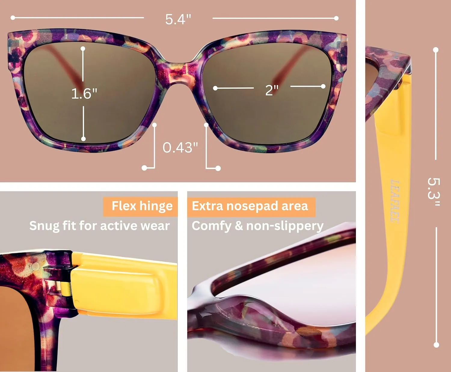 Sunglasses Women's Trendy Retro Floral Design | Polarized Lens UV Protection | Square Cat Eye Frame | Casual & Active Wear
