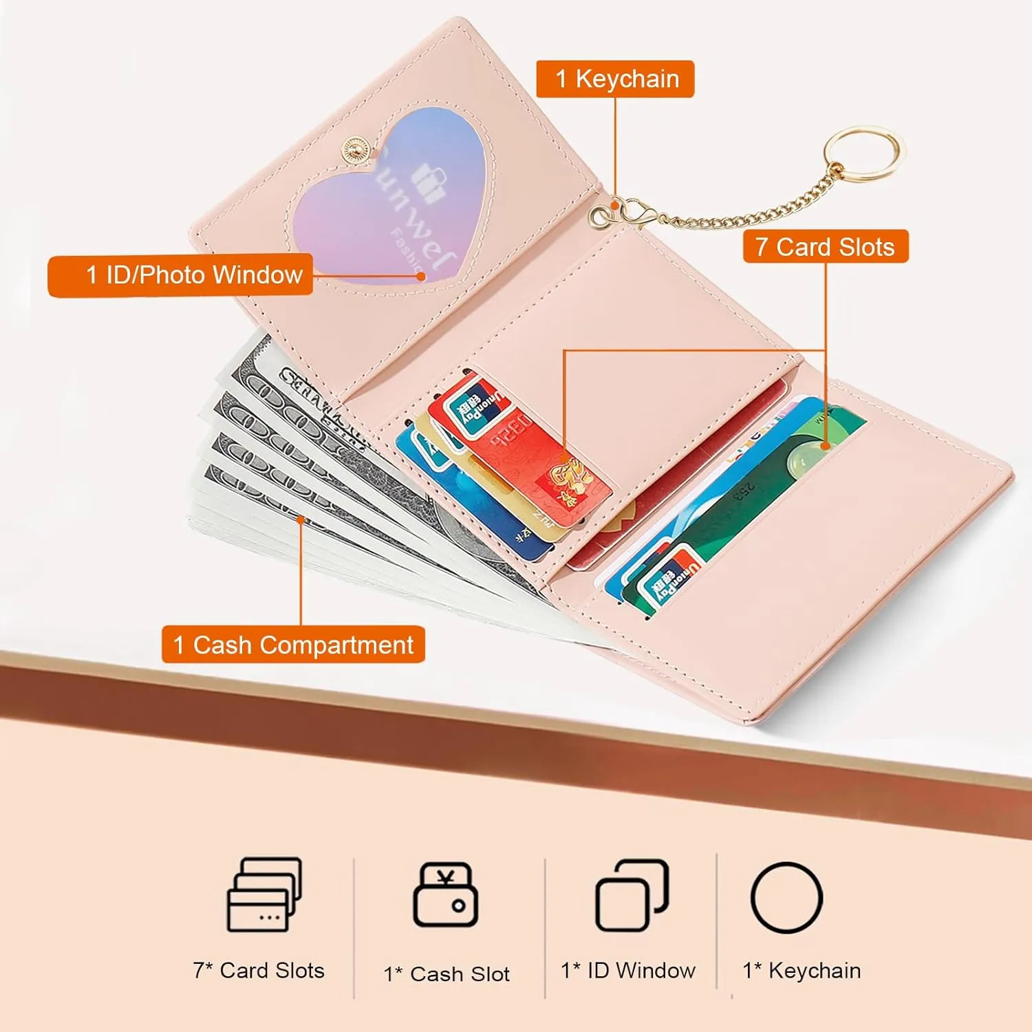 Sunwel Fashion Cute Coquette Bow Wallet with Key-chain Aesthetic Card Holder ID Window for Women Girls (271OFFWHITE)