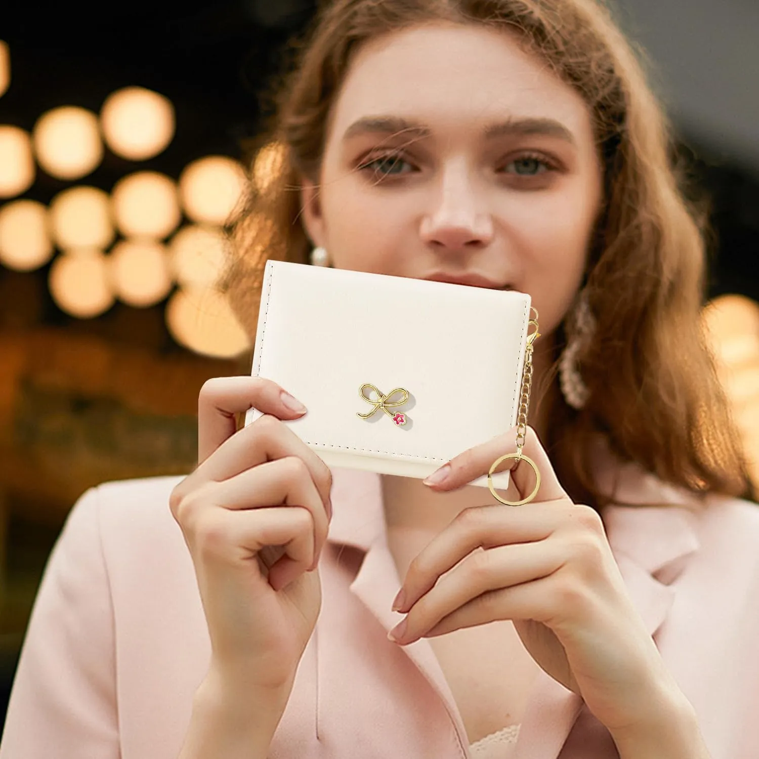 Sunwel Fashion Cute Coquette Bow Wallet with Key-chain Aesthetic Card Holder ID Window for Women Girls (271OFFWHITE)