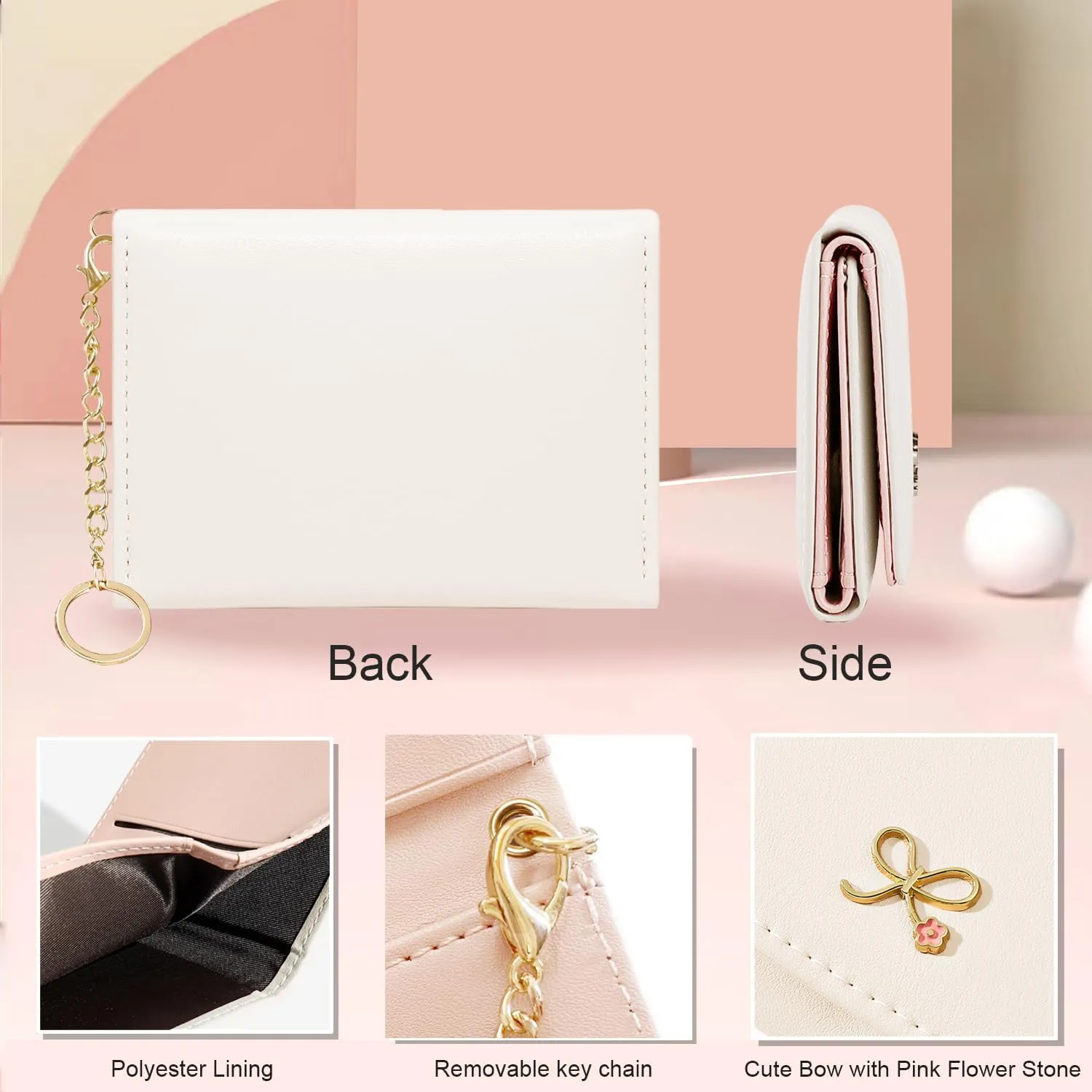 Sunwel Fashion Cute Coquette Bow Wallet with Key-chain Aesthetic Card Holder ID Window for Women Girls (271OFFWHITE)