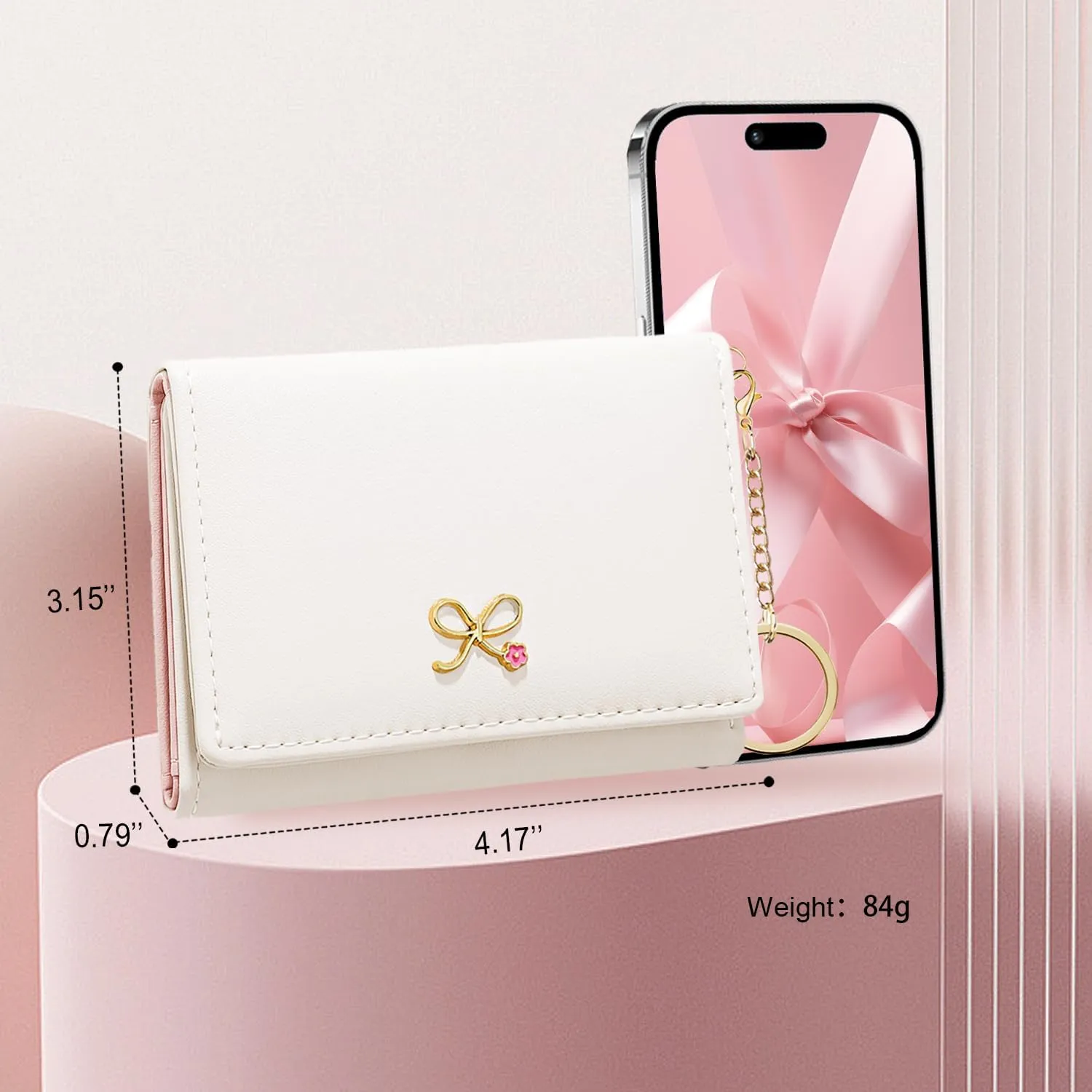 Sunwel Fashion Cute Coquette Bow Wallet with Key-chain Aesthetic Card Holder ID Window for Women Girls (271OFFWHITE)