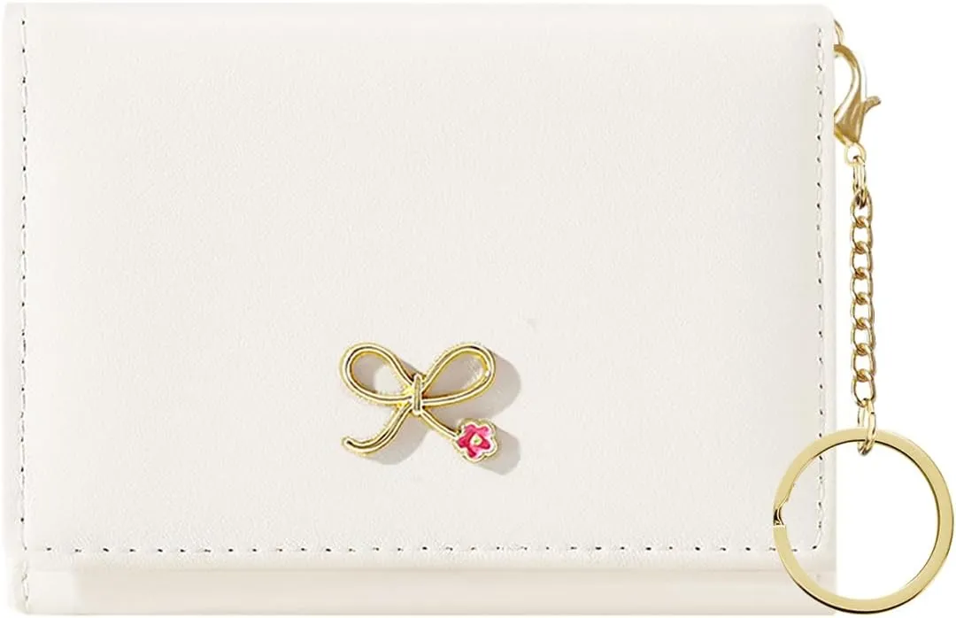 Sunwel Fashion Cute Coquette Bow Wallet with Key-chain Aesthetic Card Holder ID Window for Women Girls (271OFFWHITE)