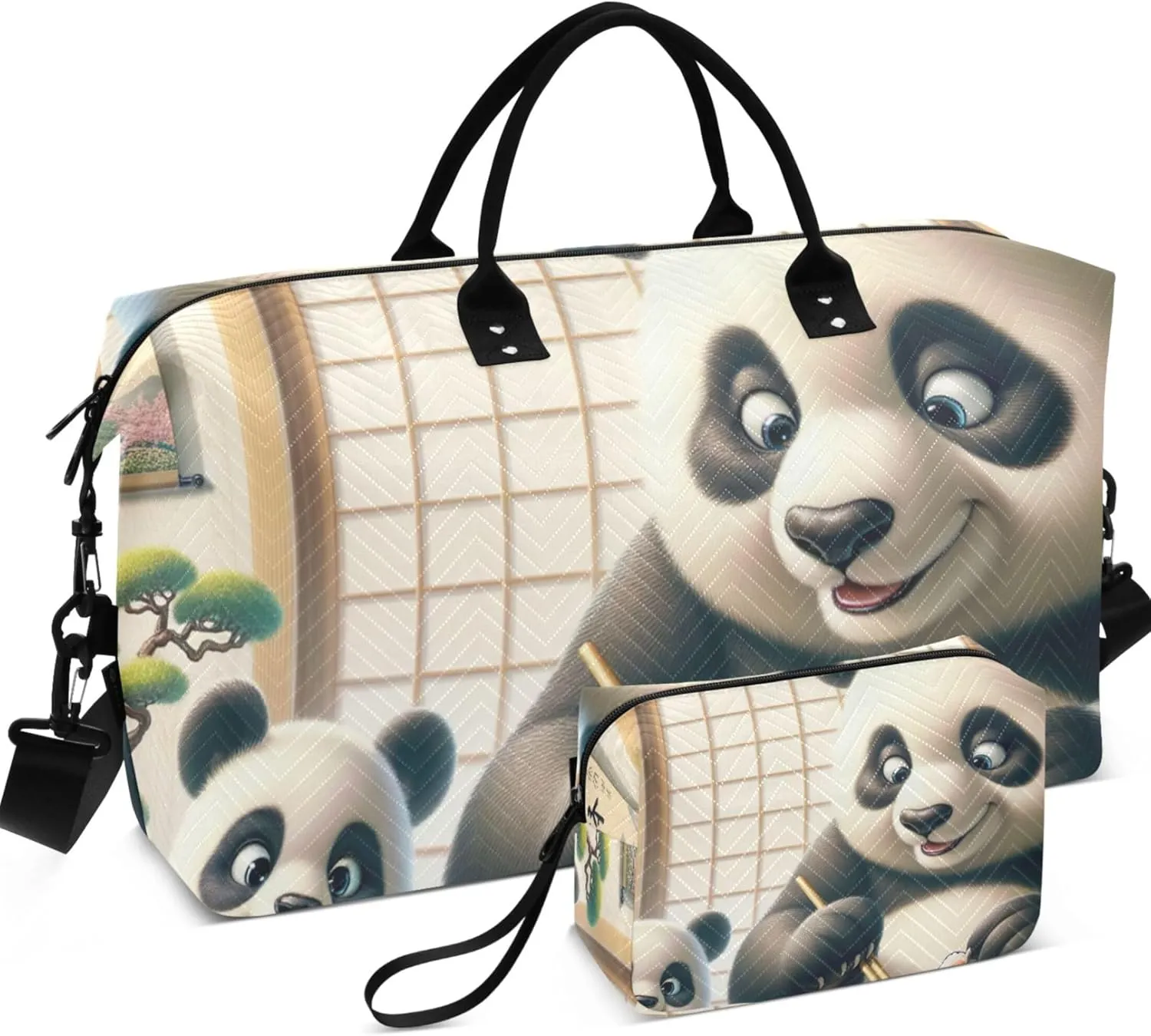 Sushi Pandas Cute Duffle Bag Travel Toiletry Bag Set of 2, Print Women Gym Bag Small Carry on Tote