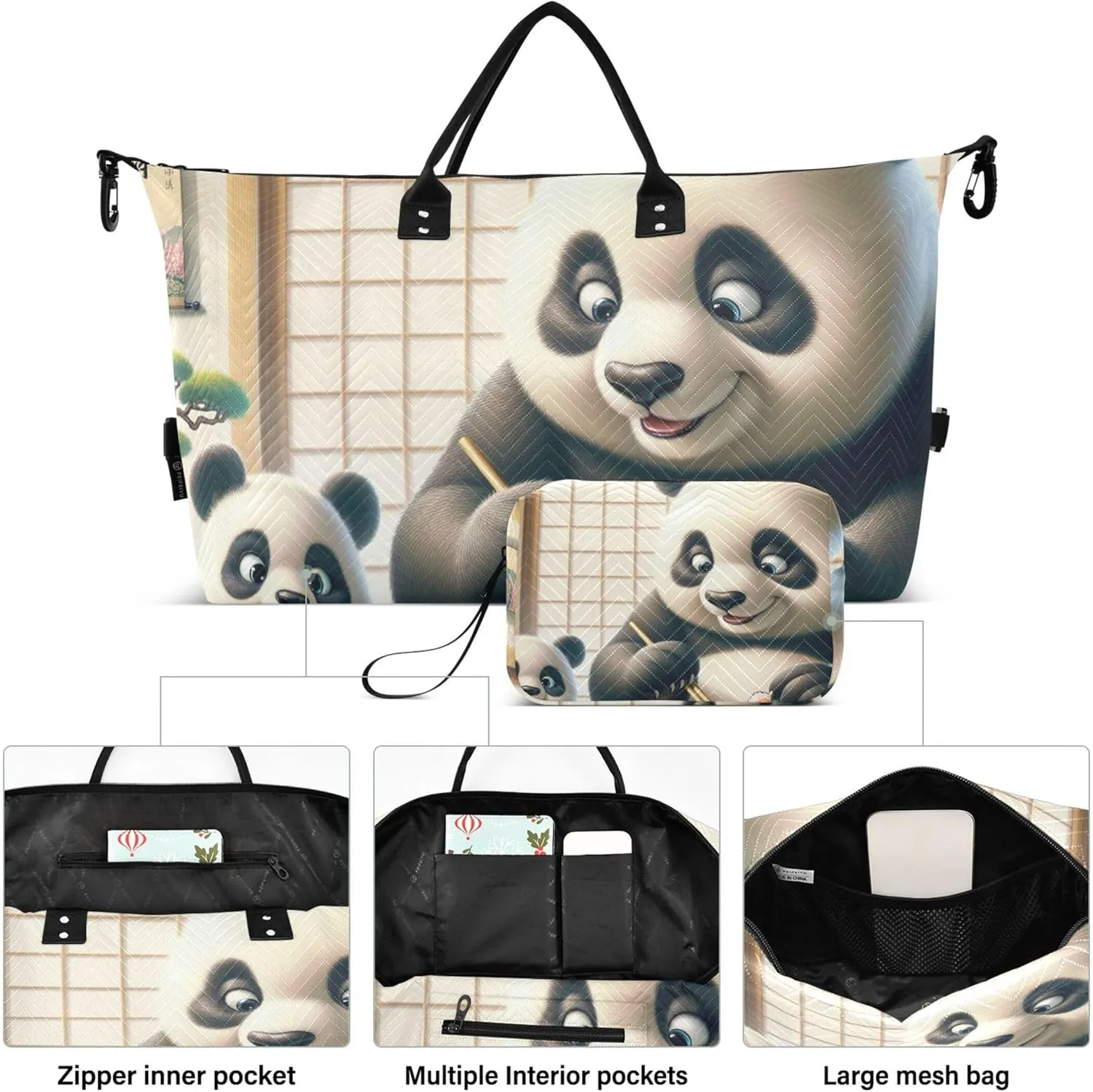 Sushi Pandas Cute Duffle Bag Travel Toiletry Bag Set of 2, Print Women Gym Bag Small Carry on Tote