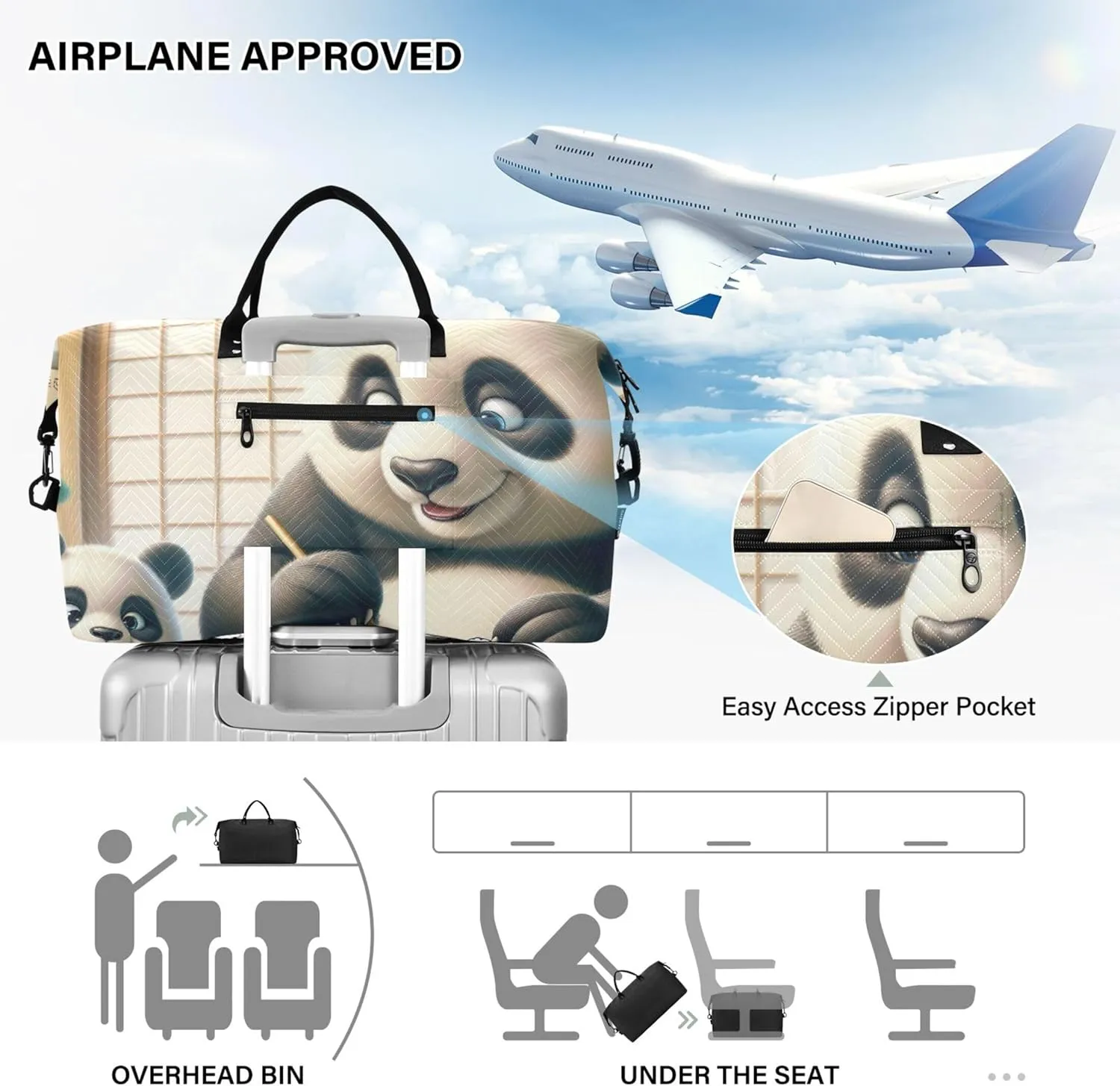 Sushi Pandas Cute Duffle Bag Travel Toiletry Bag Set of 2, Print Women Gym Bag Small Carry on Tote