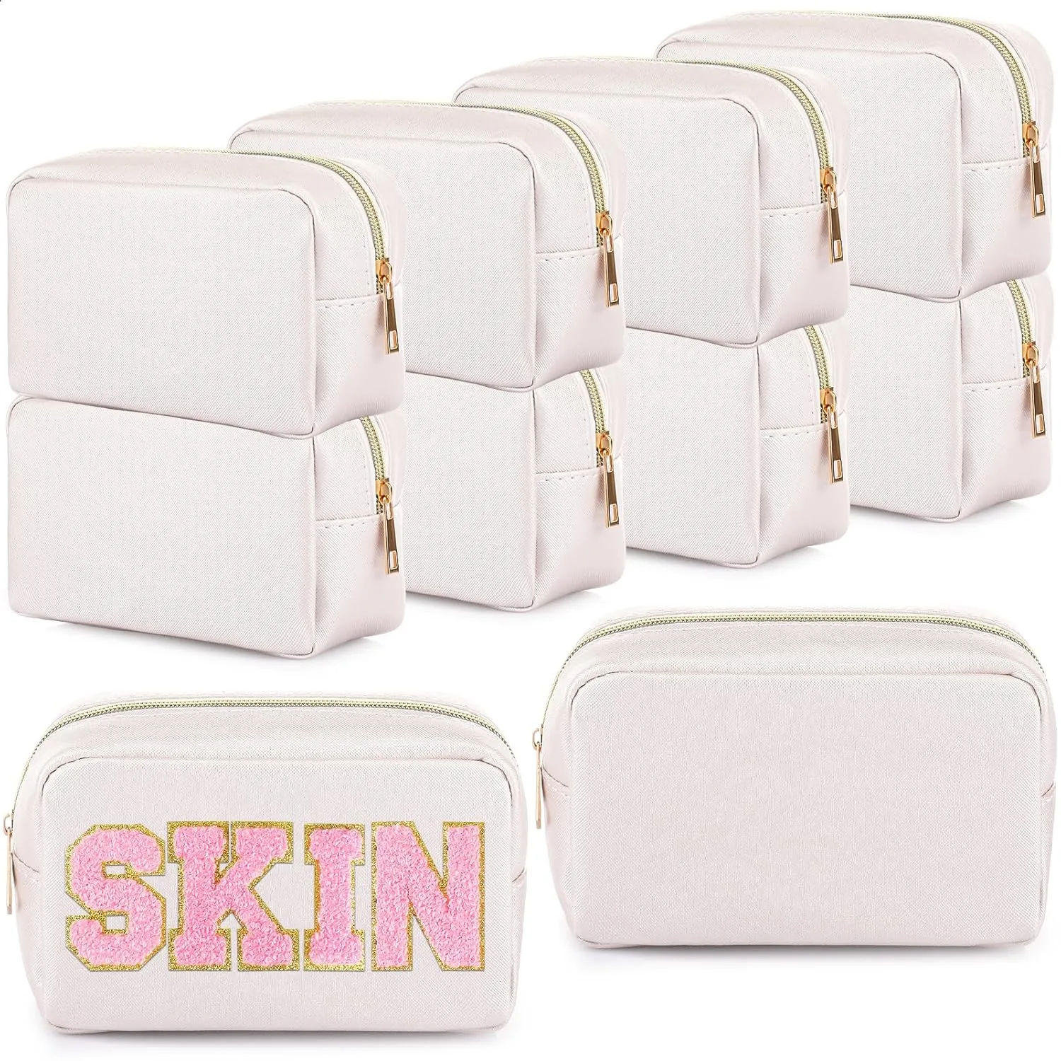 Sweetude 10 Pcs Preppy Makeup Bag Bulk Cosmetic Bag Bridesmaid Gift Wedding Day Bachelorette Party Favor Toiletry Pouch DIY PU Leather Skincare Pouch for Women(White)