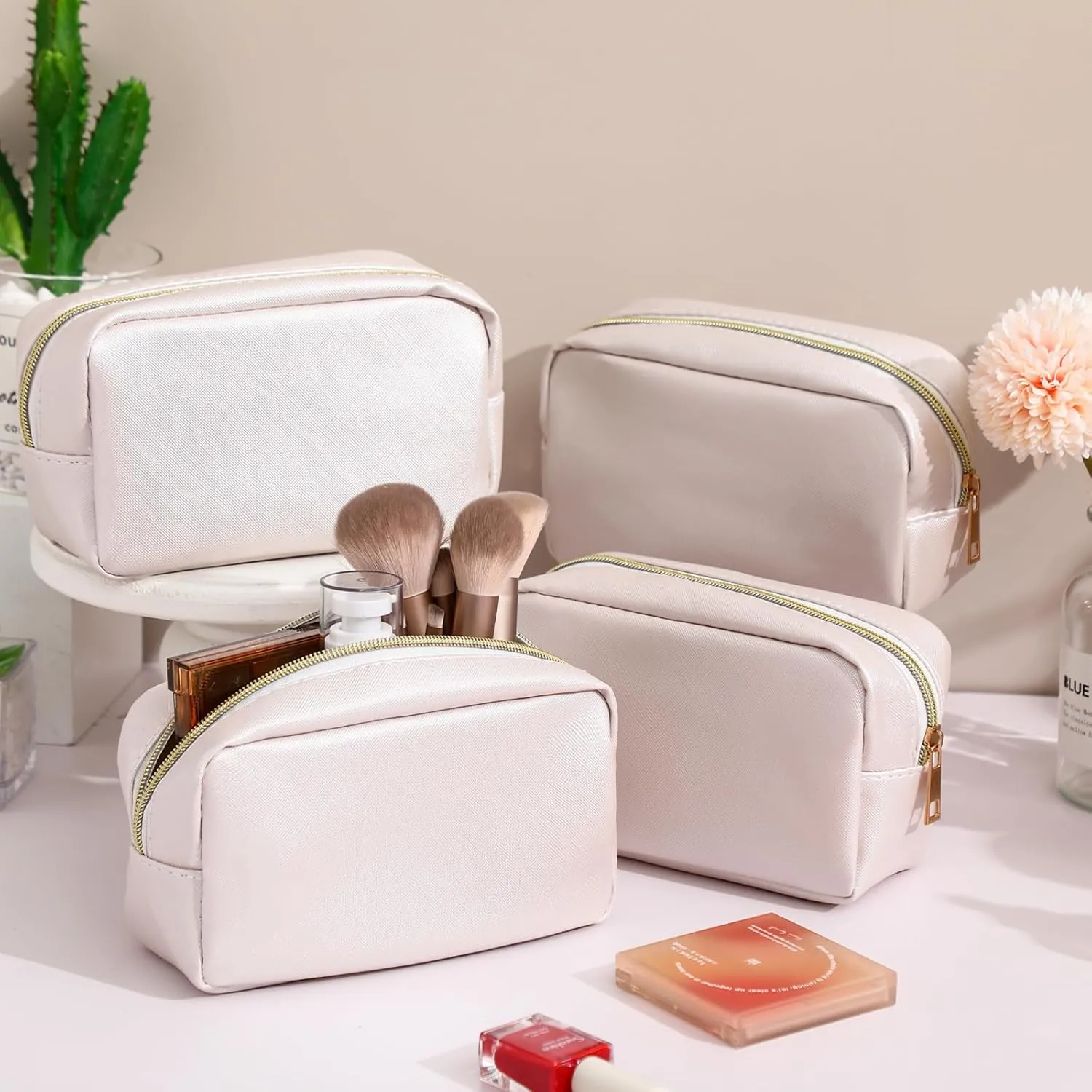 Sweetude 10 Pcs Preppy Makeup Bag Bulk Cosmetic Bag Bridesmaid Gift Wedding Day Bachelorette Party Favor Toiletry Pouch DIY PU Leather Skincare Pouch for Women(White)