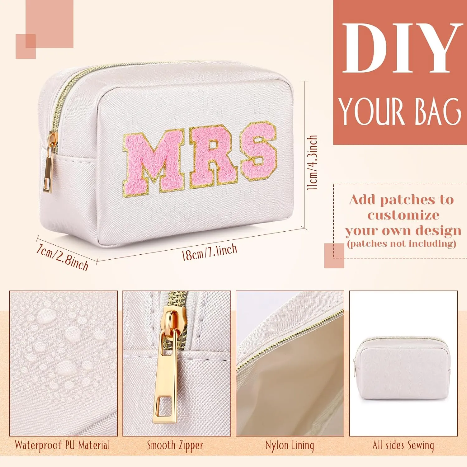 Sweetude 10 Pcs Preppy Makeup Bag Bulk Cosmetic Bag Bridesmaid Gift Wedding Day Bachelorette Party Favor Toiletry Pouch DIY PU Leather Skincare Pouch for Women(White)