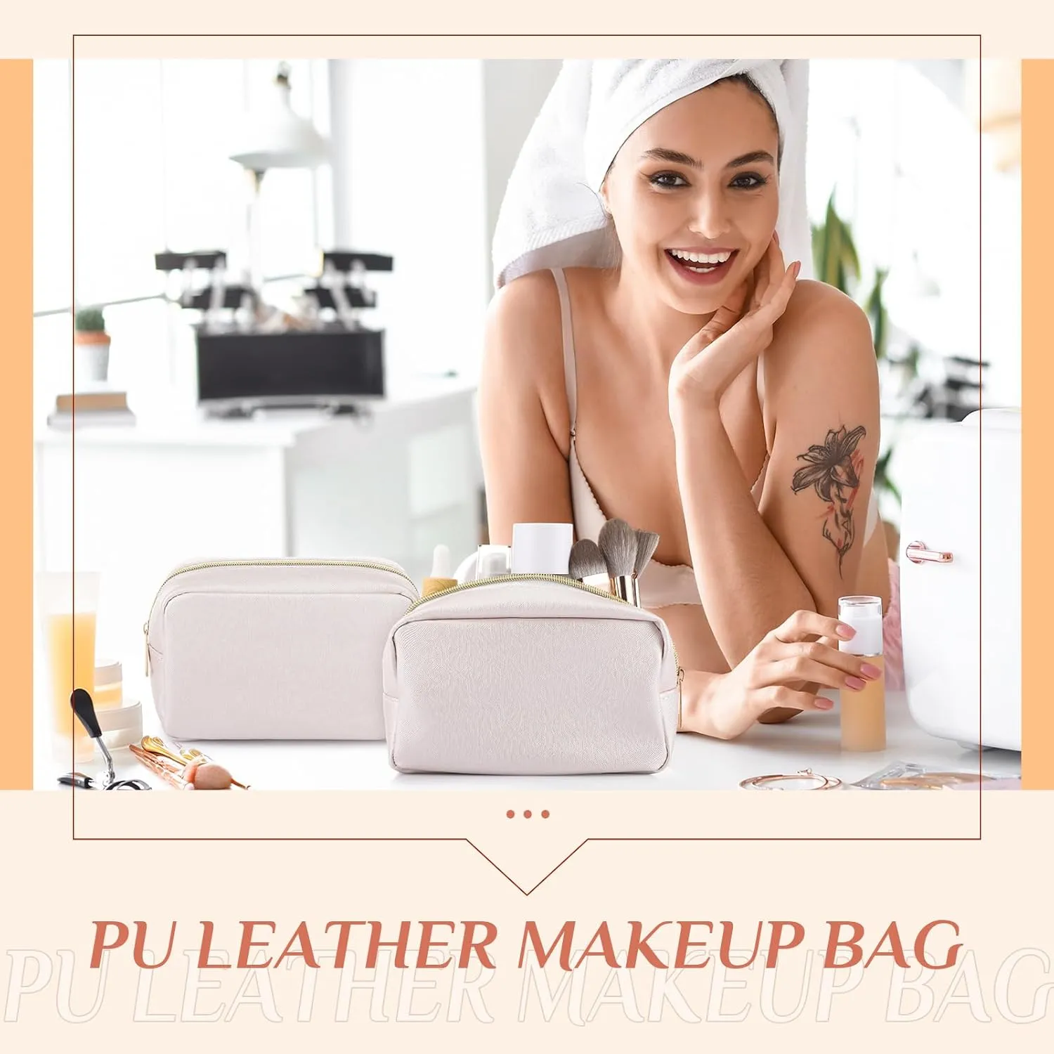 Sweetude 10 Pcs Preppy Makeup Bag Bulk Cosmetic Bag Bridesmaid Gift Wedding Day Bachelorette Party Favor Toiletry Pouch DIY PU Leather Skincare Pouch for Women(White)