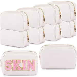 Sweetude 10 Pcs Preppy Makeup Bag Bulk Cosmetic Bag Bridesmaid Gift Wedding Day Bachelorette Party Favor Toiletry Pouch DIY PU Leather Skincare Pouch for Women(White)