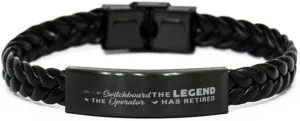 Switchboard Operator Braided Leather Bracelet, The Legend Has Retired, Laser Engraved, Stainless Steel Wristband