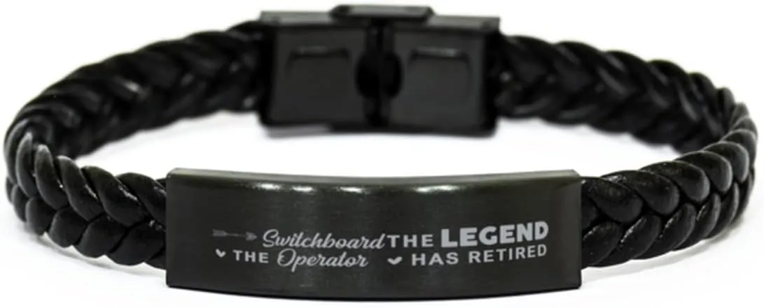 Switchboard Operator Braided Leather Bracelet, The Legend Has Retired, Laser Engraved, Stainless Steel Wristband