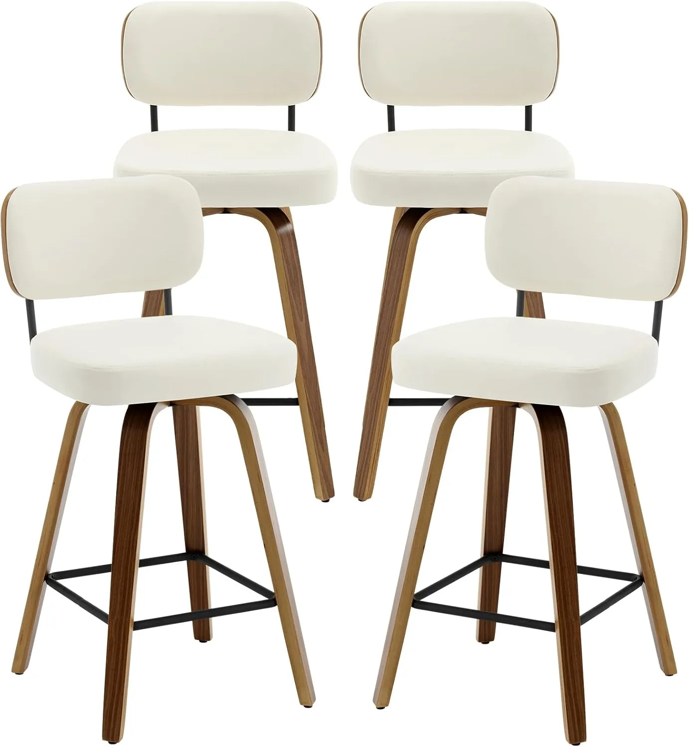 Swivel Counter Height Bar Stools Set of 4, 26" Upholstered Faux Leather Barstools with Back and Bent Wood Legs, Mid Century Modern Bar Chair Island Stool for Kitchen Counter, Cream White