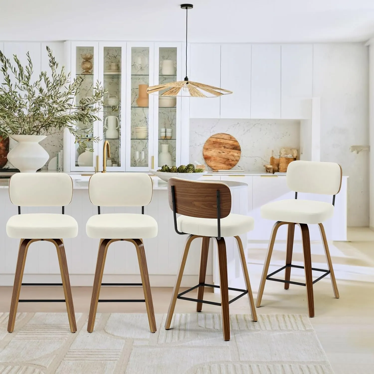 Swivel Counter Height Bar Stools Set of 4, 26" Upholstered Faux Leather Barstools with Back and Bent Wood Legs, Mid Century Modern Bar Chair Island Stool for Kitchen Counter, Cream White