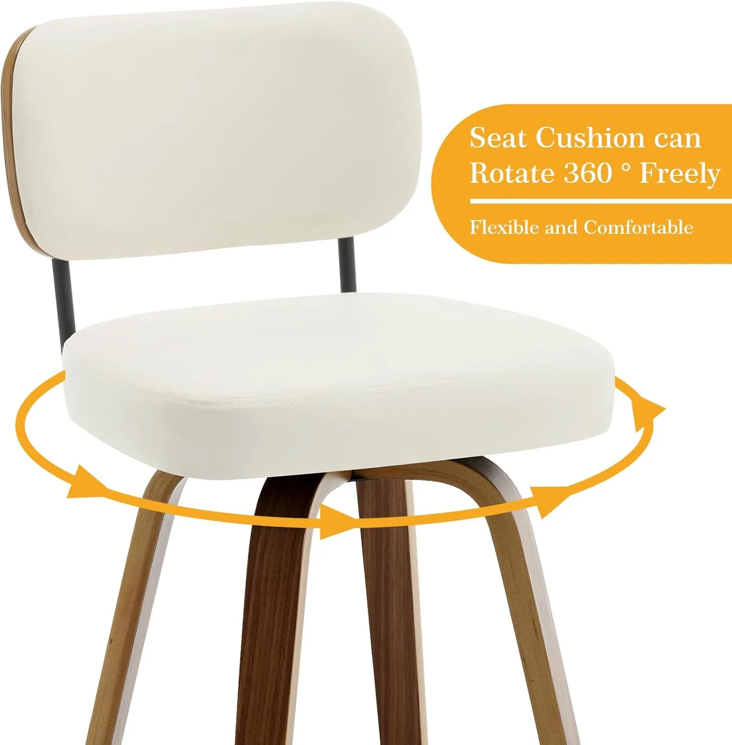 Swivel Counter Height Bar Stools Set of 4, 26" Upholstered Faux Leather Barstools with Back and Bent Wood Legs, Mid Century Modern Bar Chair Island Stool for Kitchen Counter, Cream White