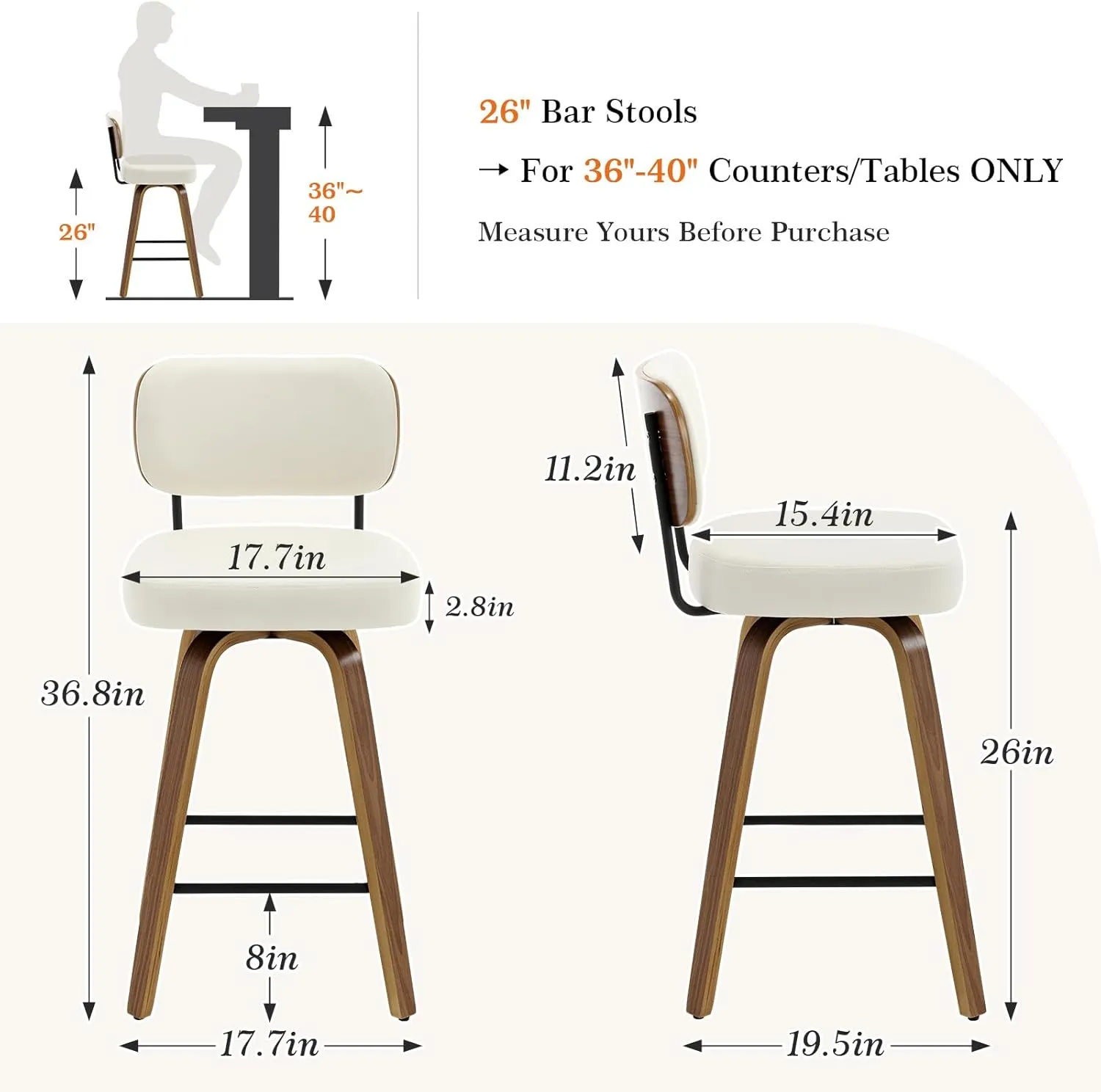 Swivel Counter Height Bar Stools Set of 4, 26" Upholstered Faux Leather Barstools with Back and Bent Wood Legs, Mid Century Modern Bar Chair Island Stool for Kitchen Counter, Cream White