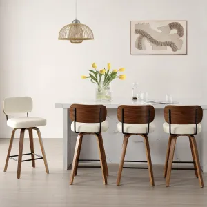 Swivel Counter Height Bar Stools Set of 4, 26" Upholstered Faux Leather Barstools with Back and Bent Wood Legs, Mid Century Modern Bar Chair Island Stool for Kitchen Counter, Cream White