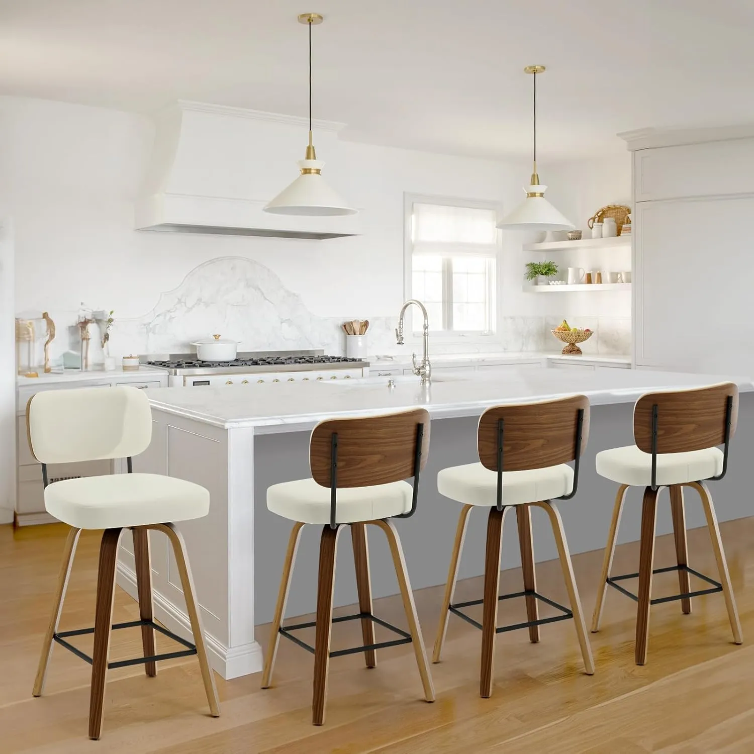 Swivel Counter Height Bar Stools Set of 4, 26" Upholstered Faux Leather Barstools with Back and Bent Wood Legs, Mid Century Modern Bar Chair Island Stool for Kitchen Counter, Cream White