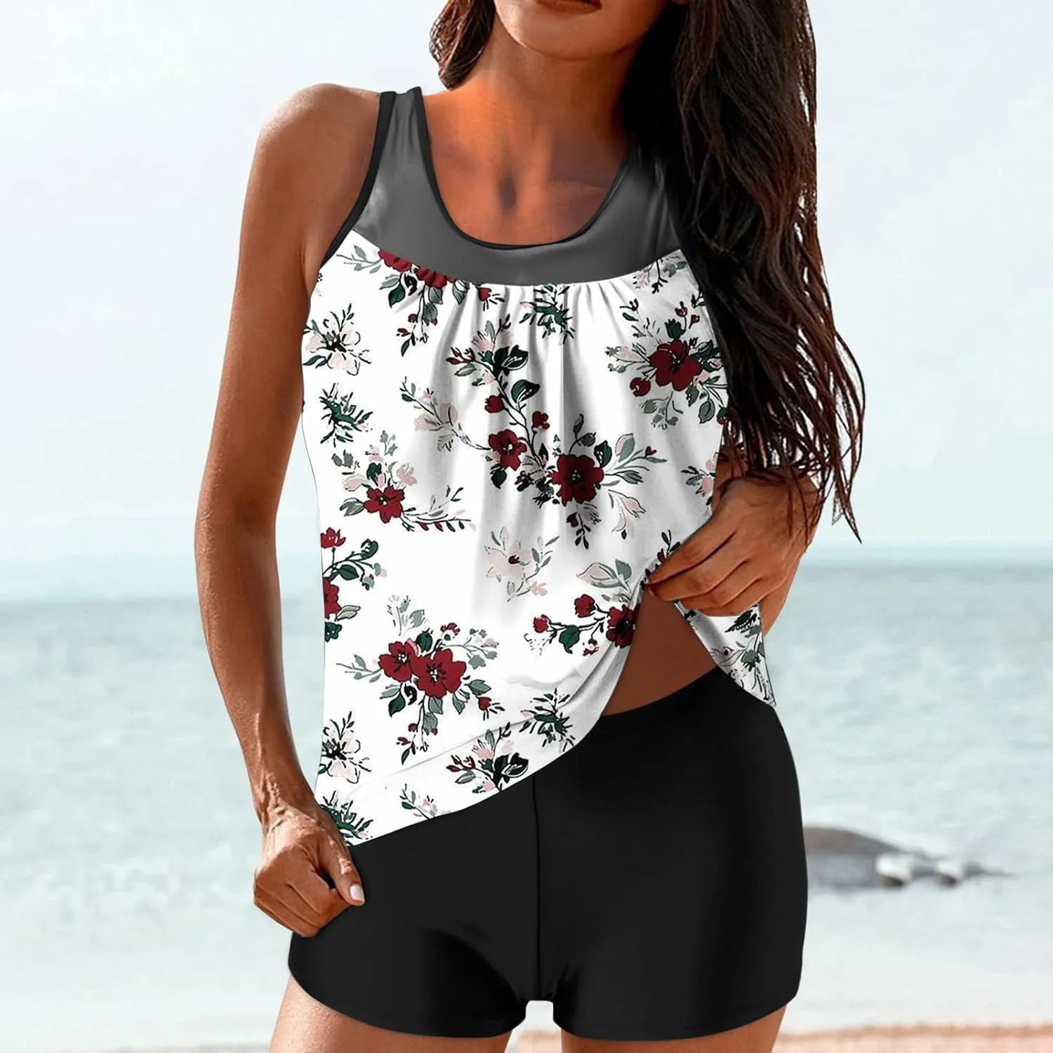 Tankini Swimsuits for Women Blouson Modest Two Piece Bathing Suit with Shorts Floral Print 2025 Athletic Swimwear