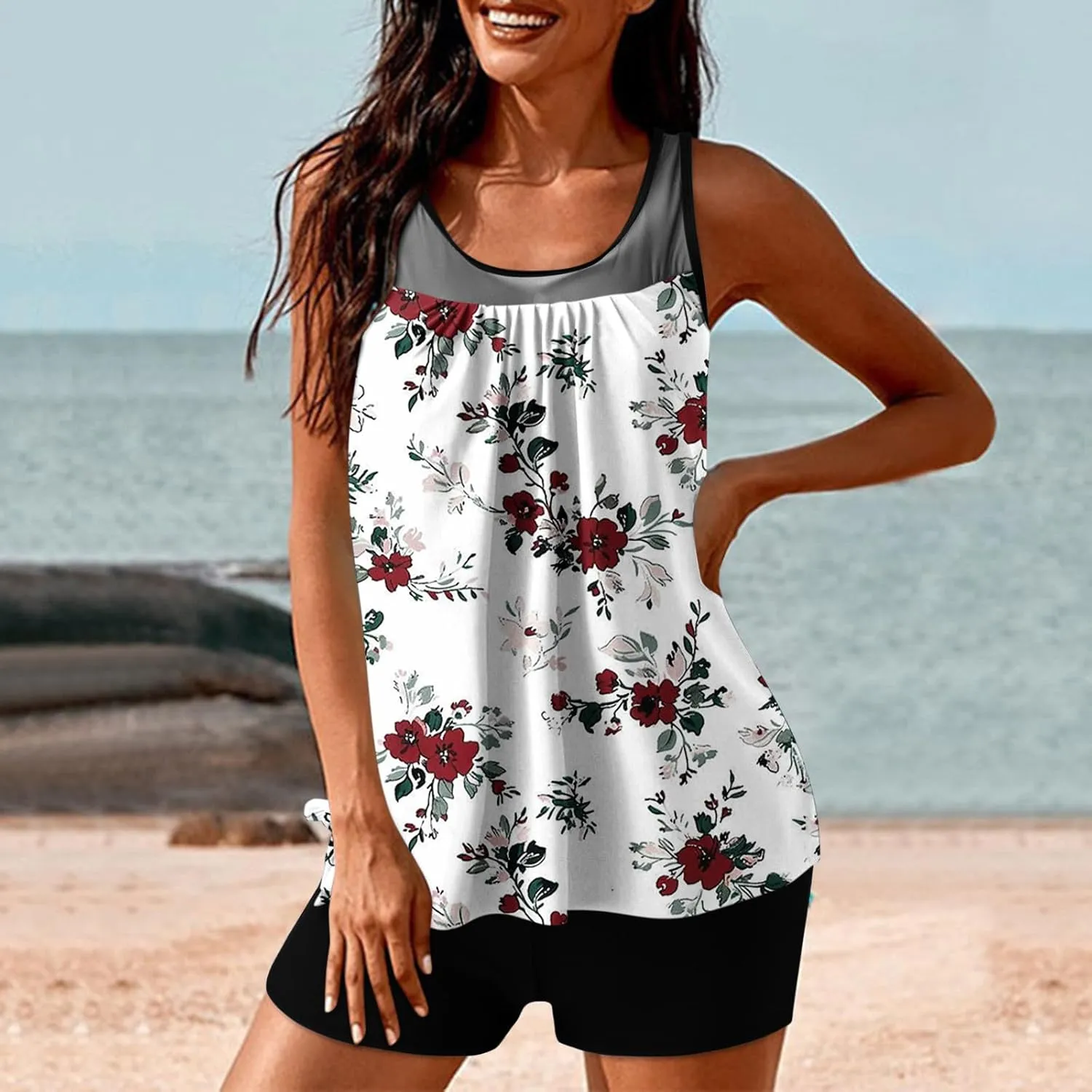 Tankini Swimsuits for Women Blouson Modest Two Piece Bathing Suit with Shorts Floral Print 2025 Athletic Swimwear