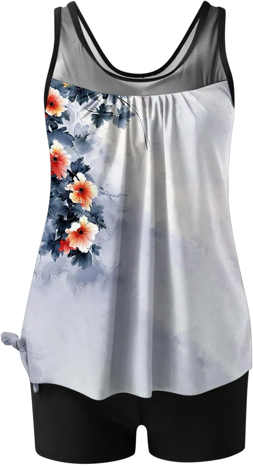 Tankini Swimsuits for Women Blouson Modest Two Piece Bathing Suit with Shorts Floral Print 2025 Athletic Swimwear