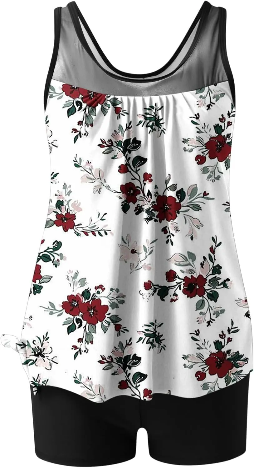 Tankini Swimsuits for Women Blouson Modest Two Piece Bathing Suit with Shorts Floral Print 2025 Athletic Swimwear