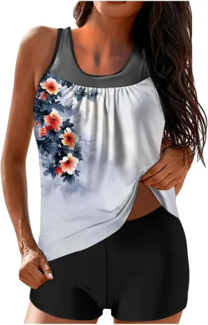 Tankini Swimsuits for Women Blouson Modest Two Piece Bathing Suit with Shorts Floral Print 2025 Athletic Swimwear