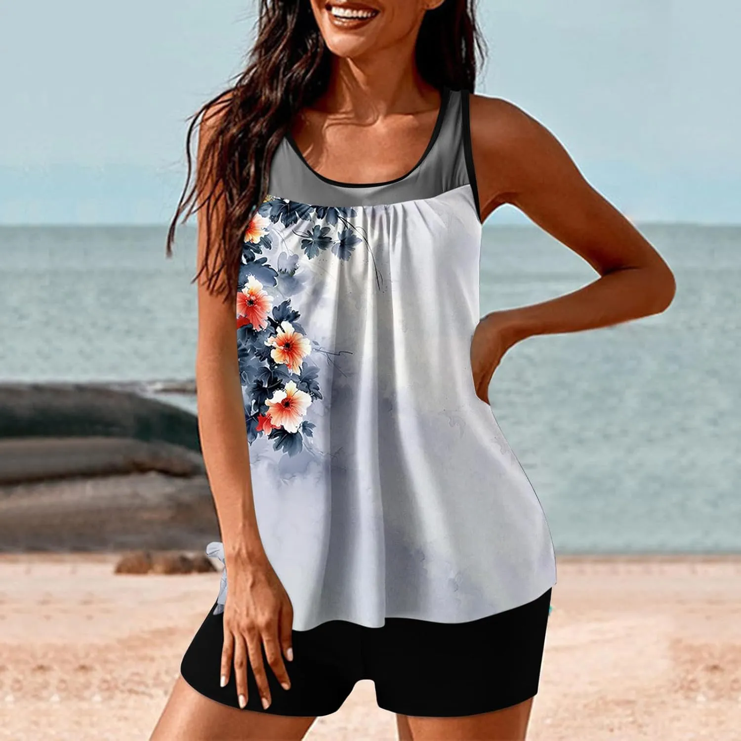 Tankini Swimsuits for Women Blouson Modest Two Piece Bathing Suit with Shorts Floral Print 2025 Athletic Swimwear