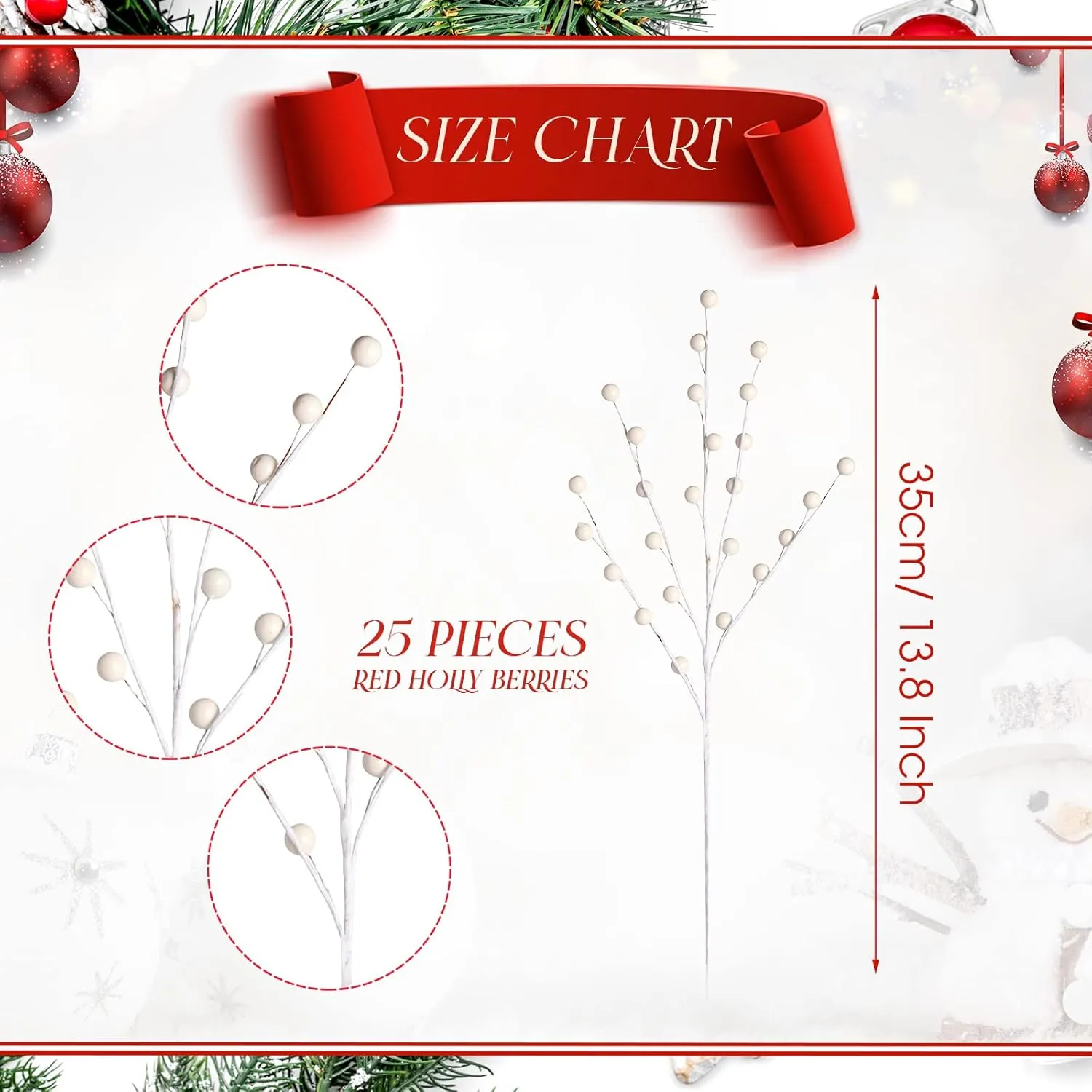 Tatuo 20 Pieces Christmas White Berries Stems 13.8 Inch Artificial Holly Berries Picks Twig Stem Faux Flowers Winter Fake Berries Bunch for Christmas Tree Decorations and DIY Craft