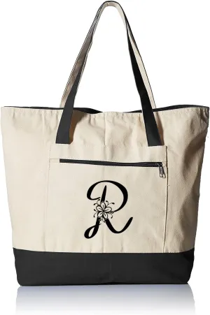 TBF Personalized Initial Large Zipper Canvas Tote Bag, Sturdy Gift Tote Bags for Women