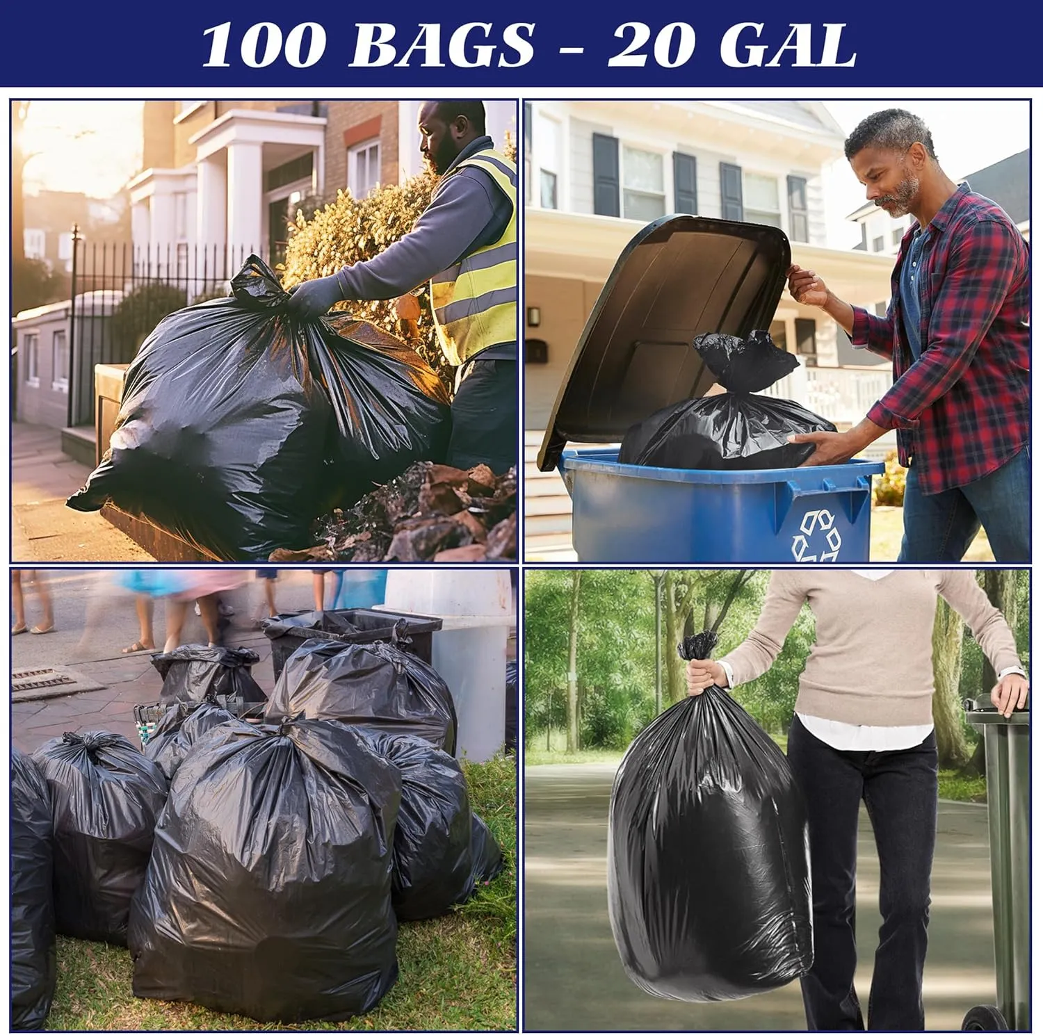 Teivio 20-21 Gallon 100 Counts Heavy Duty Large Trash Bags Garbage Bags, outdoor trash bags liners for Kitchen/Yard/Industrial or Commercial Use,fit for 18, 20,21, 23 and 25 gallon, Black