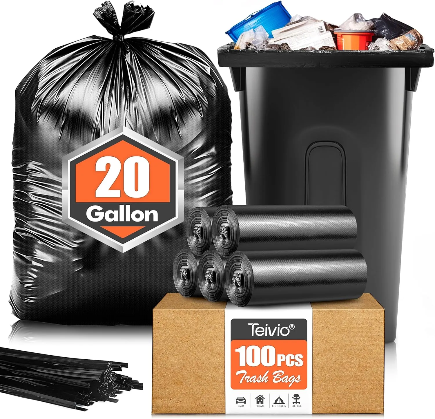Teivio 20-21 Gallon 100 Counts Heavy Duty Large Trash Bags Garbage Bags, outdoor trash bags liners for Kitchen/Yard/Industrial or Commercial Use,fit for 18, 20,21, 23 and 25 gallon, Black