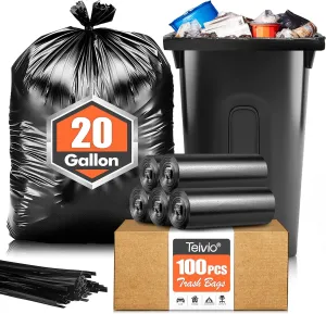 Teivio 20-21 Gallon 100 Counts Heavy Duty Large Trash Bags Garbage Bags, outdoor trash bags liners for Kitchen/Yard/Industrial or Commercial Use,fit for 18, 20,21, 23 and 25 gallon, Black