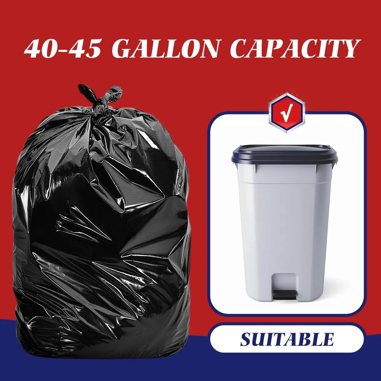 Teivio Black Trash Bags 40-45 Gallon 100 Bags w/Ties | Large Multipurpose | Fit 39,40,42,44,45 gallon Garbage Bags | Kitchen | Lawn And Leaf Bags Outdoor Yard Waste Bag | Workshops Trash Bin Liner