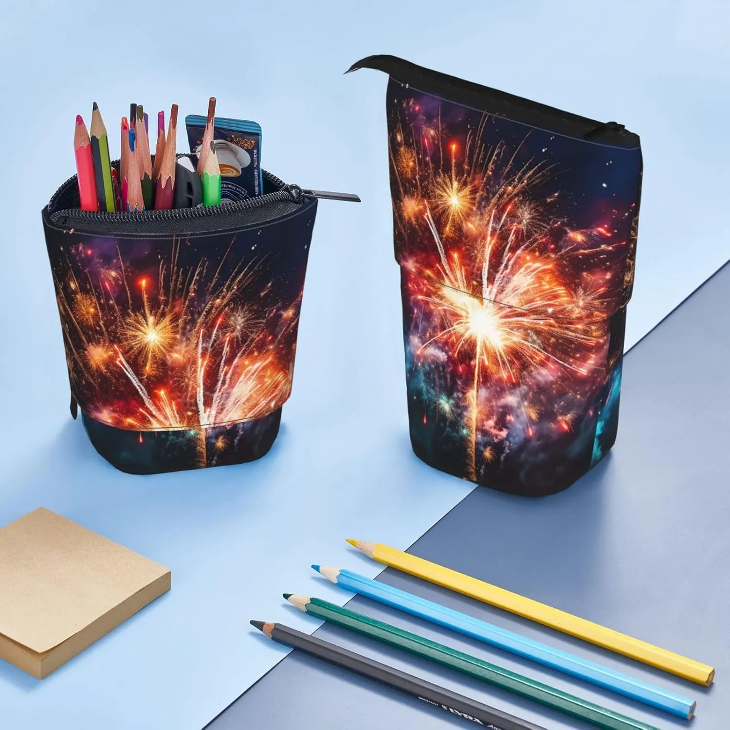 Telescopic Pencil Bag Explosion Firework Pen Holder Standing Pencil Case Cute Stand Up Pen Holder Organizer Pop Up Cosmetics Bag with Zipper Portable Pencil Pouch for Office