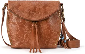 The Sak womens Silverlake Crossbody Bag in Leather Casual Purse with Adjustable Strap Zipper Pockets, Tobacco Floral Embossed