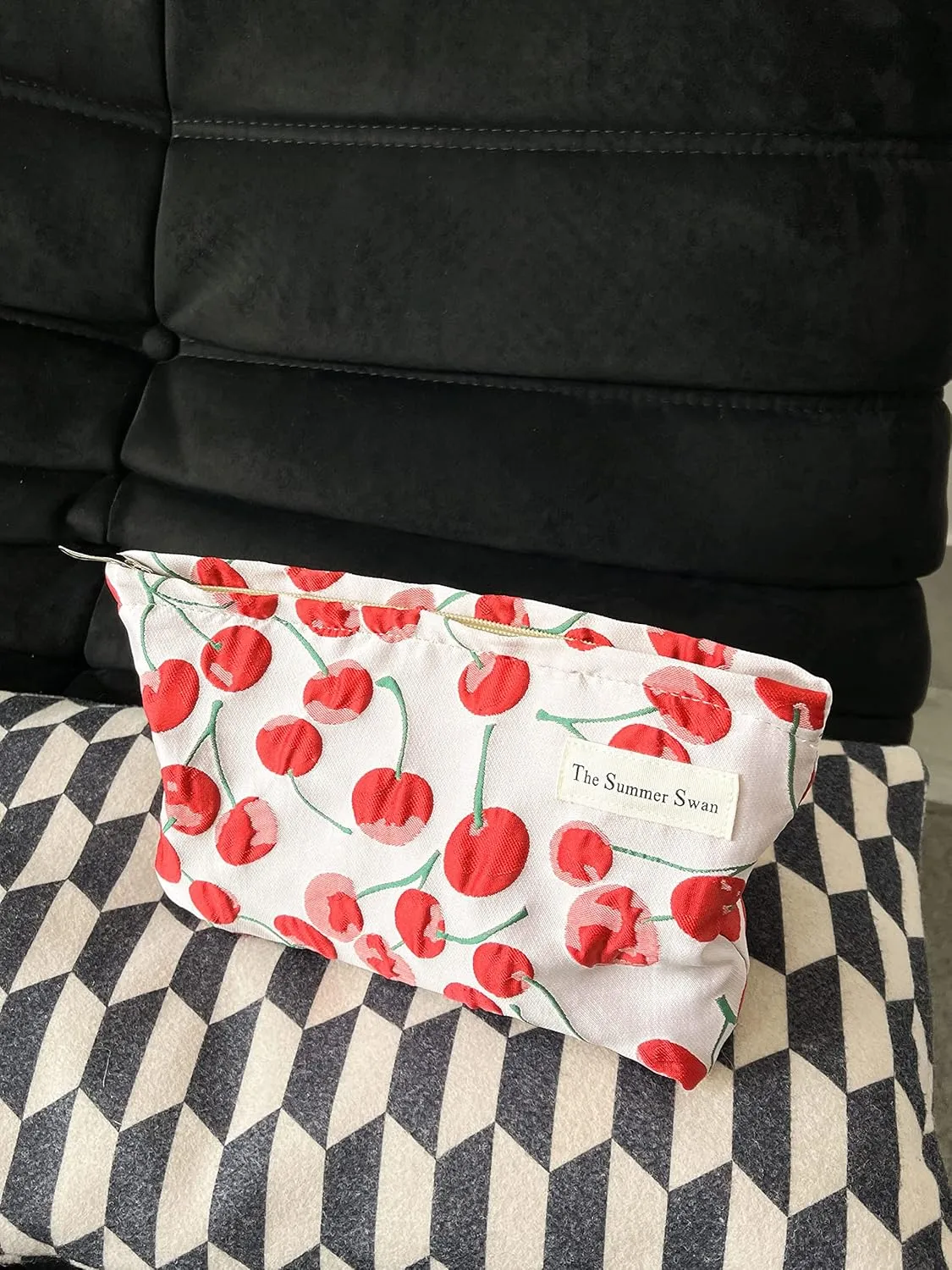 The Summer Swan | Large Aesthetic Makeup Bag | Preppy Skincare Organizer | Floral Mid-day Clutch | Period Kit Hygiene Bag (Classic Red Cherry)