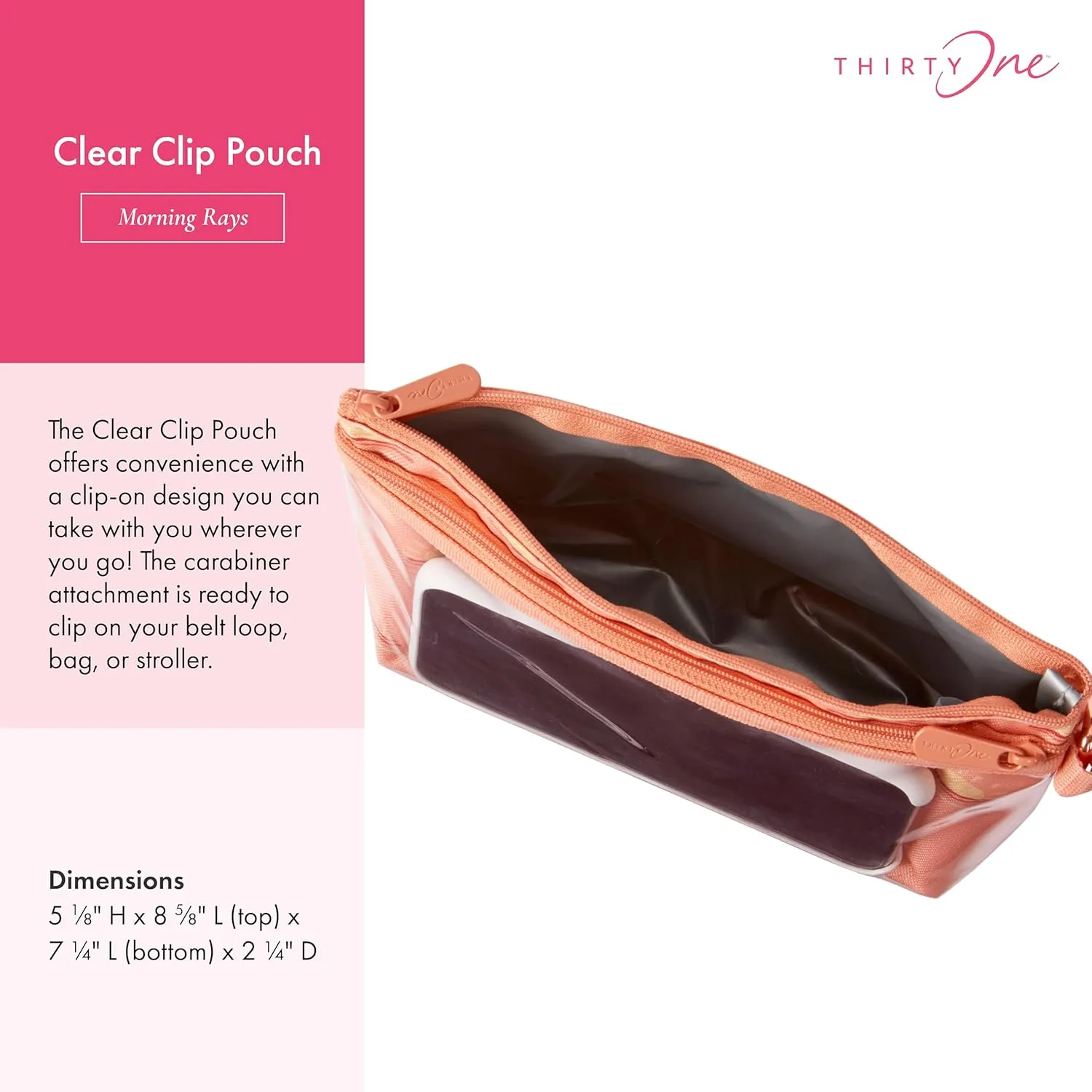 THIRTY-ONE Gifts Clear Clip Pouch With Zipper and Clear Pocket, Carabiner Clip, Morning Rays