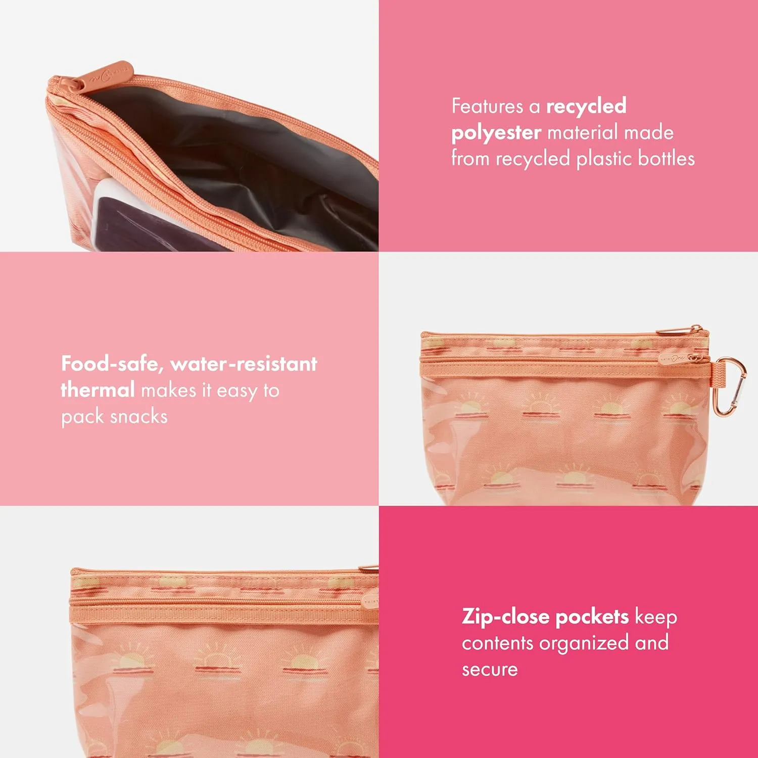 THIRTY-ONE Gifts Clear Clip Pouch With Zipper and Clear Pocket, Carabiner Clip, Morning Rays