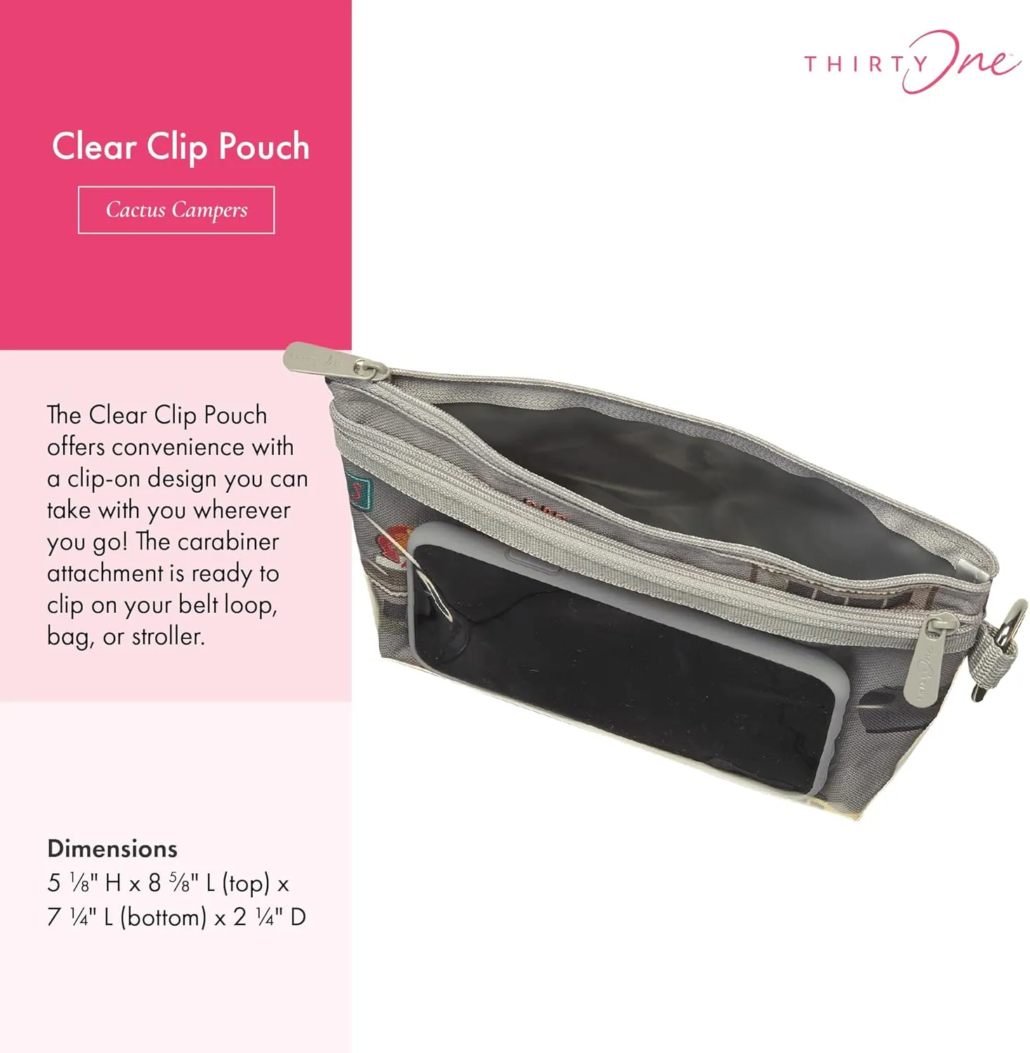 THIRTY-ONE Gifts Clear Clip Pouch, Zipper Pouch with Clear Pouch Pocket and Carabiner Pouch Clip, Cactus Campers, Small