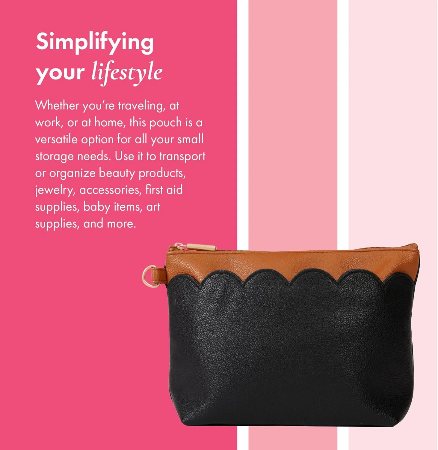 Thirty-One Gifts Tapered Pouch, Zippered Pouch for Purse, Travel Bag, or House Organization, Black Smooth Pebble