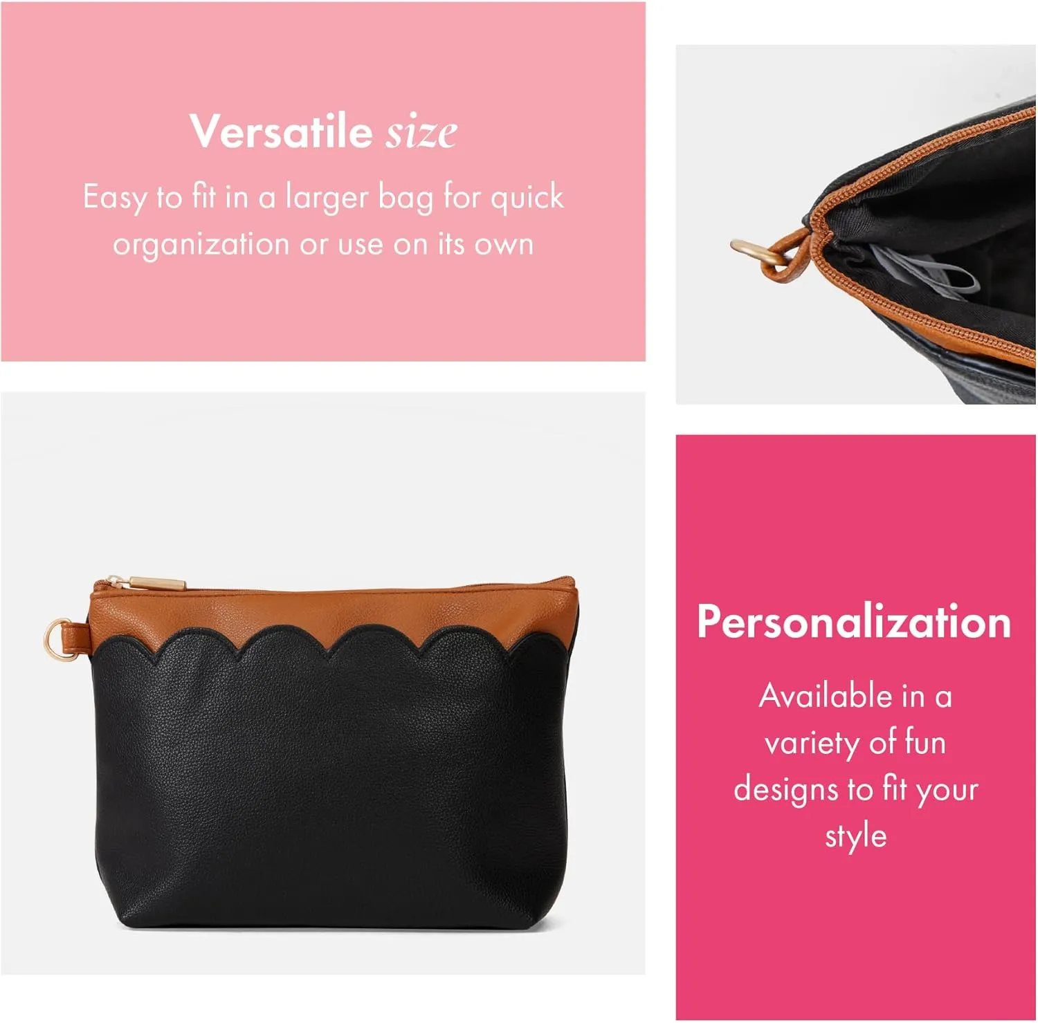 Thirty-One Gifts Tapered Pouch, Zippered Pouch for Purse, Travel Bag, or House Organization, Black Smooth Pebble