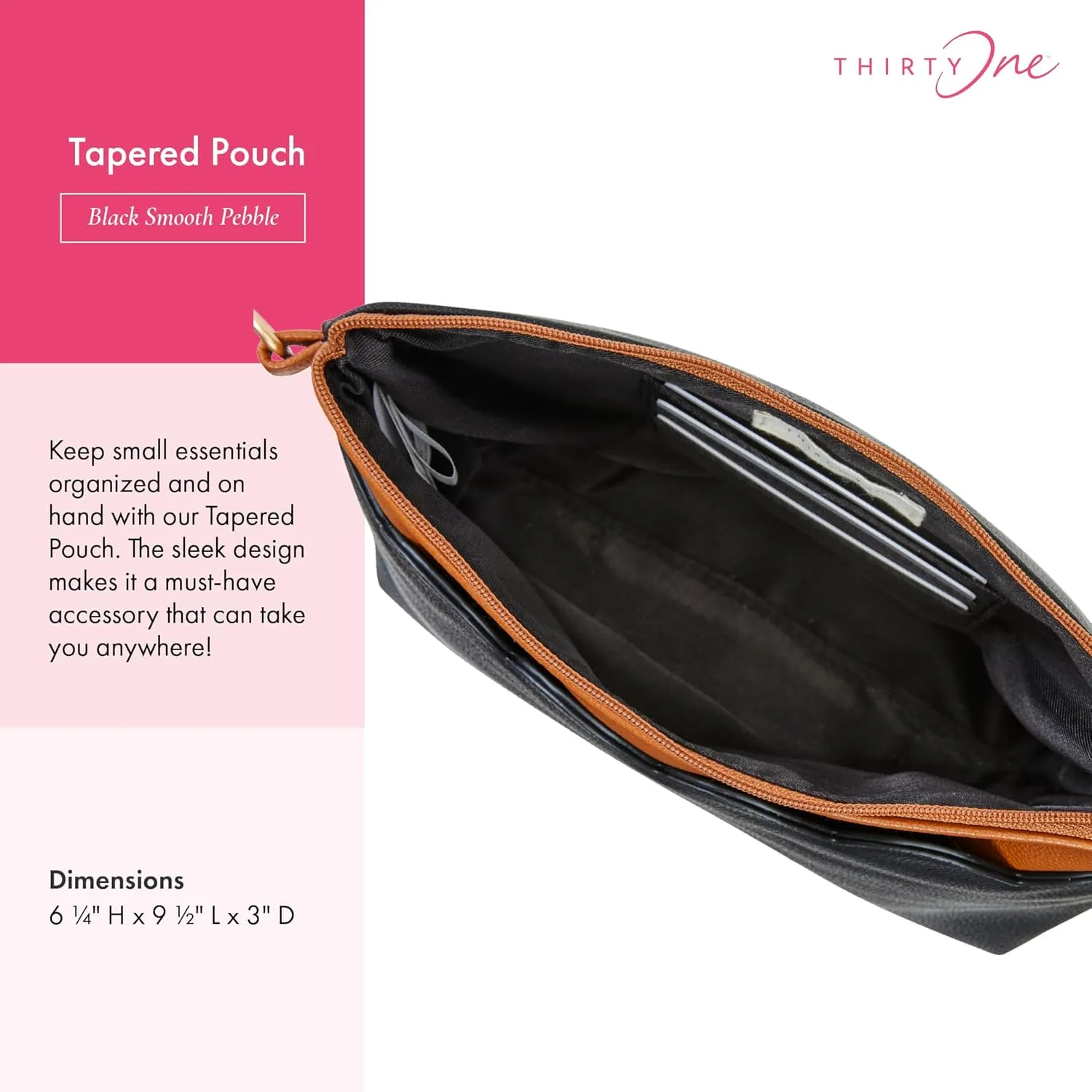 Thirty-One Gifts Tapered Pouch, Zippered Pouch for Purse, Travel Bag, or House Organization, Black Smooth Pebble