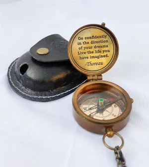 Thoreau's Go Confidently Brass Engraved Compass for Graduation, Confirmation Day, Baptism, New Year Gift, Birthday, Anniversary, Communion Religous Compass for Women Mens Boy Gift Leather case Compass
