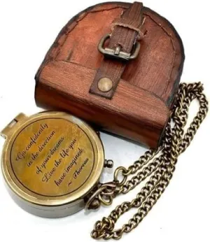 Thoreau's Go Confidently Quote Engraved Antique Nautical Compass with Stamped Leather Case, Boating Compass, Camping Directional Magnetic Graduation Day Gifts, Bronze