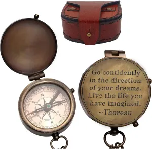 Thoreau's Go Confidently Quote Engraved Nautical Compass with Stamped Leather case, Graduation Day Gifts Rustic Vintage Home Decor Gifts Camping Compass, Boating Compass, Gift Compass