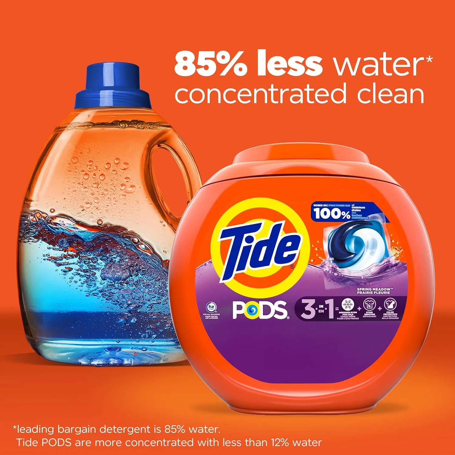 Tide PODS laundry detergent pacs, 3-in-1 Stain Remover, Odor Fighter, Color Protector, 76 Count, HE compatible, Spring Meadow Scent